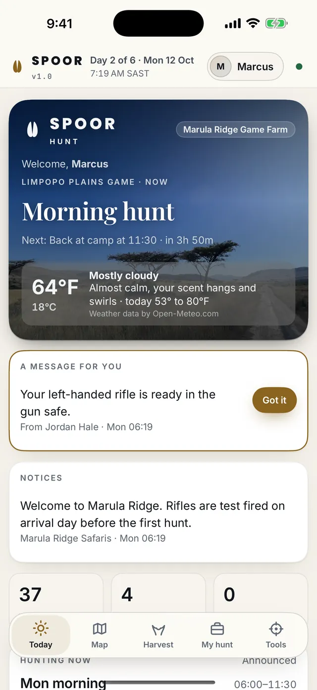 Spoor Hunt's Today screen on an outfitter's trip: the morning hunt, the weather, a message and the notices.