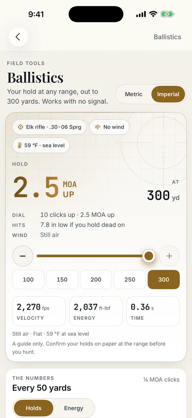 The Ballistics screen: a 2.5 MOA hold at 300 yards for a .30-06 elk rifle, with velocity, energy and time of flight.