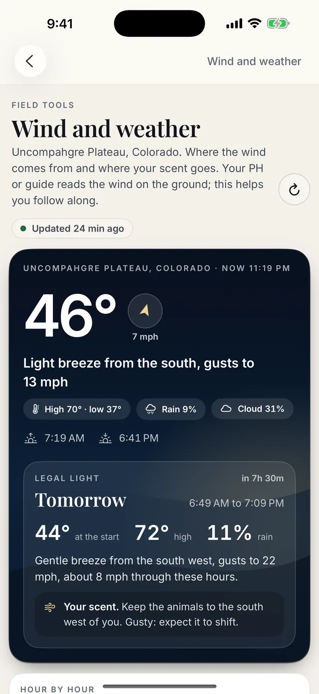 The Wind and weather screen: wind direction and speed now, legal light tomorrow, and which way your scent drifts.