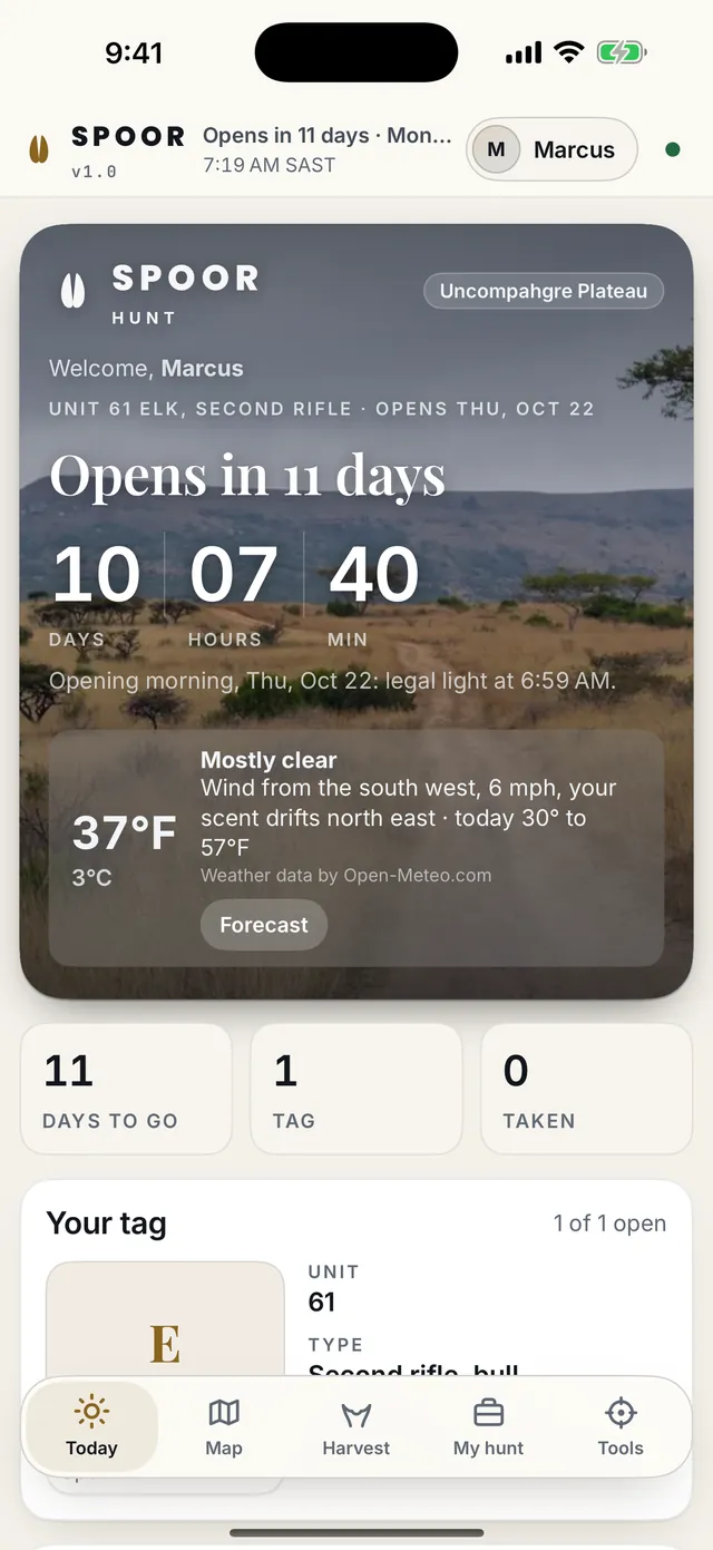 Spoor Hunt counting down to a Colorado elk opener in 11 days, with the weather and the hunter's tag.