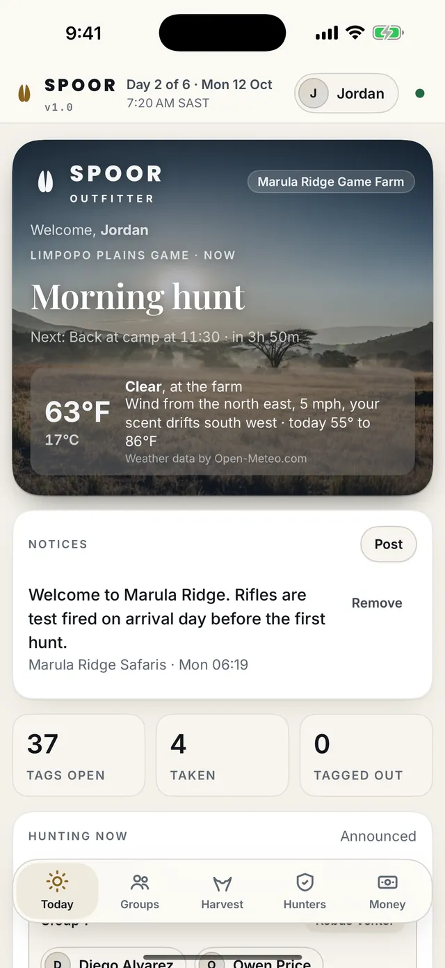 Spoor Outfitter's Today screen: the morning hunt, the weather and wind at the farm, a notice for the group, and the tags open and taken.