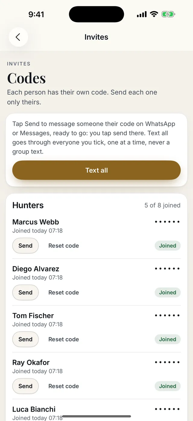 The Invites screen: each hunter with their own code, a Send button, and whether they have joined.