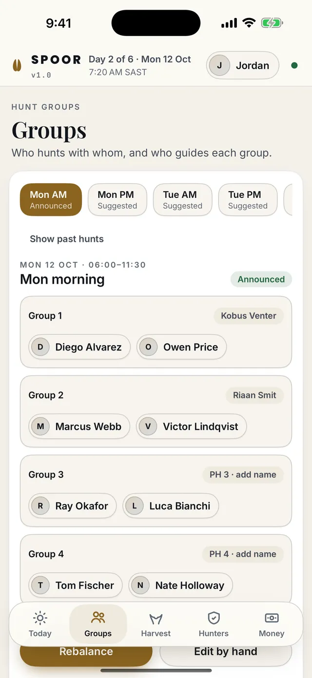 The Groups screen: Monday morning's four hunt groups, each with its hunters and its PH.