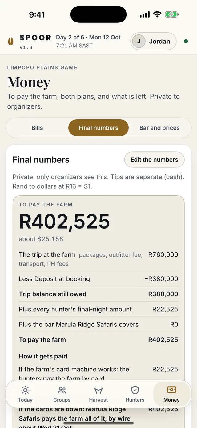 The Final numbers screen: what to pay the farm, with deposits, balances and every hunter's final-night amount.