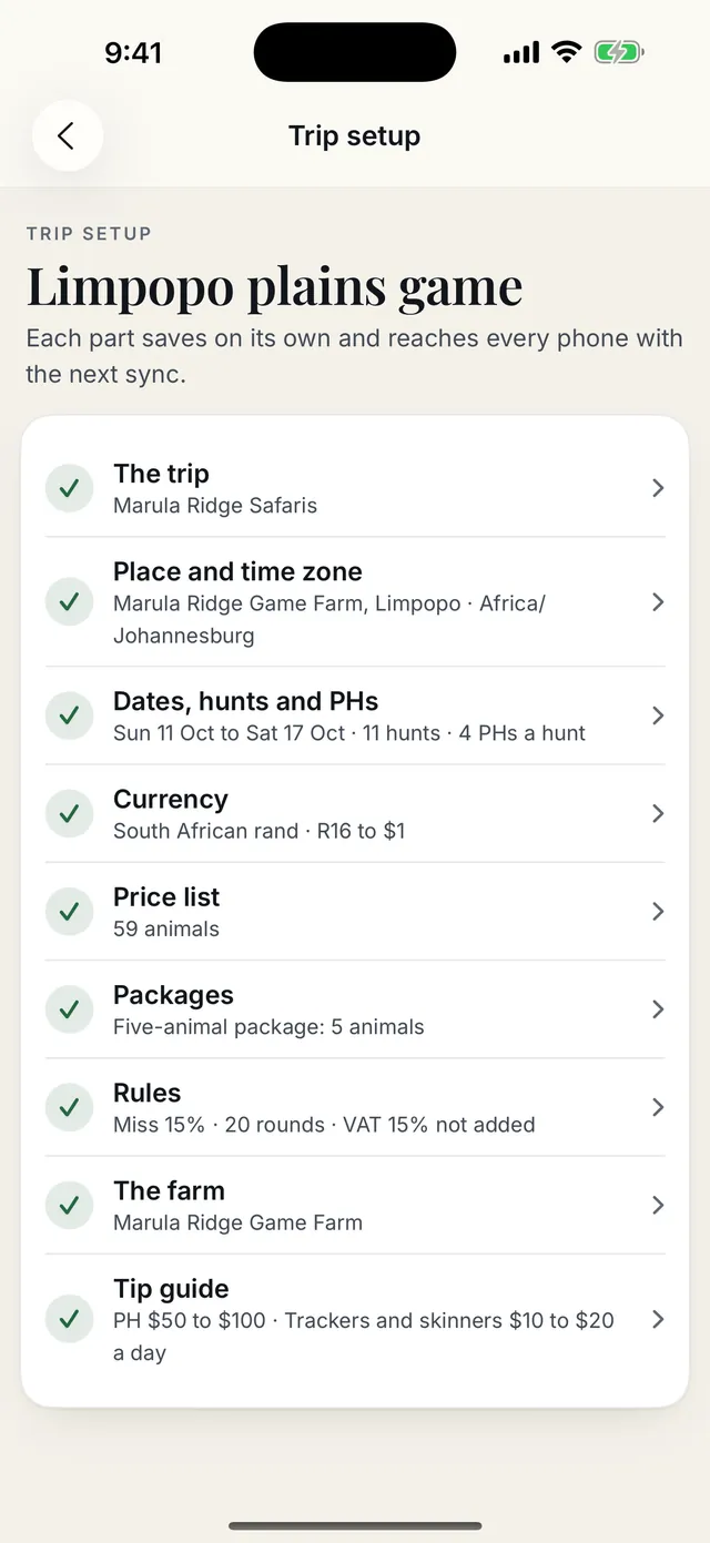 The Trip setup screen: the trip, place, dates, currency, price list, packages, rules, farm and tip guide, each ticked.